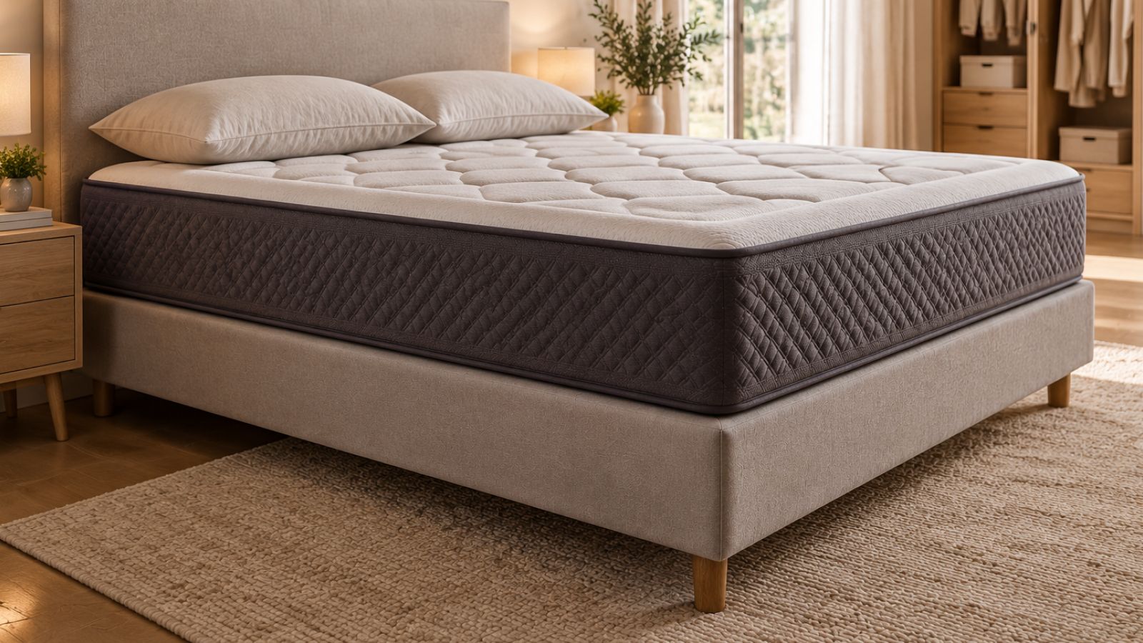 Conjunto de descanso completo: base tapizada, colchón y almohadas en tonos neutros