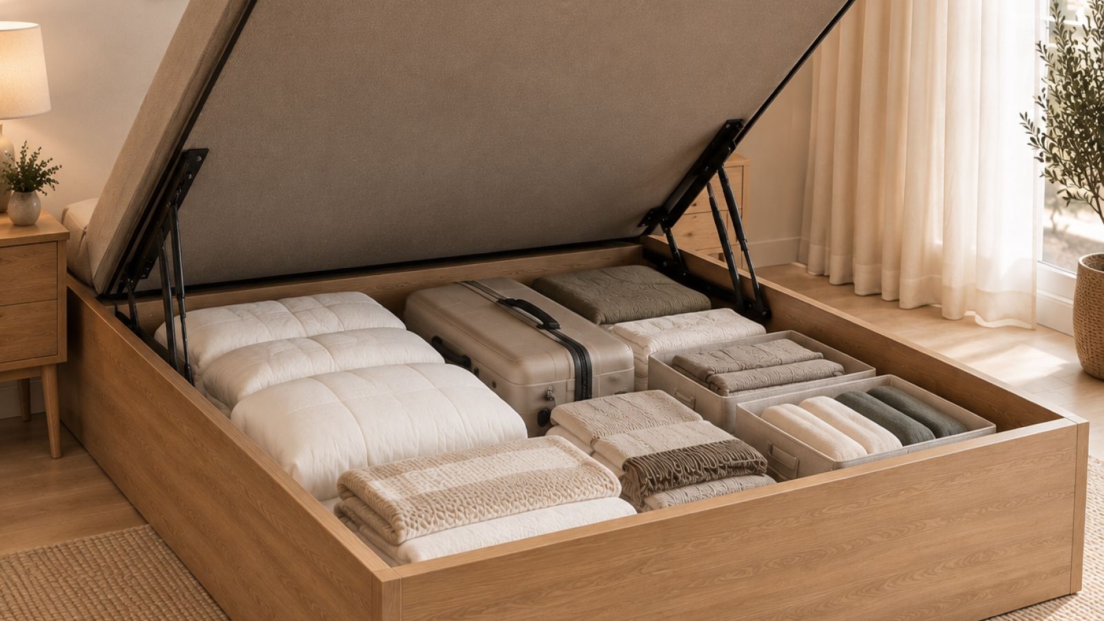 Canapé abatible abierto mostrando el arcón interior con ropa de cama ordenada