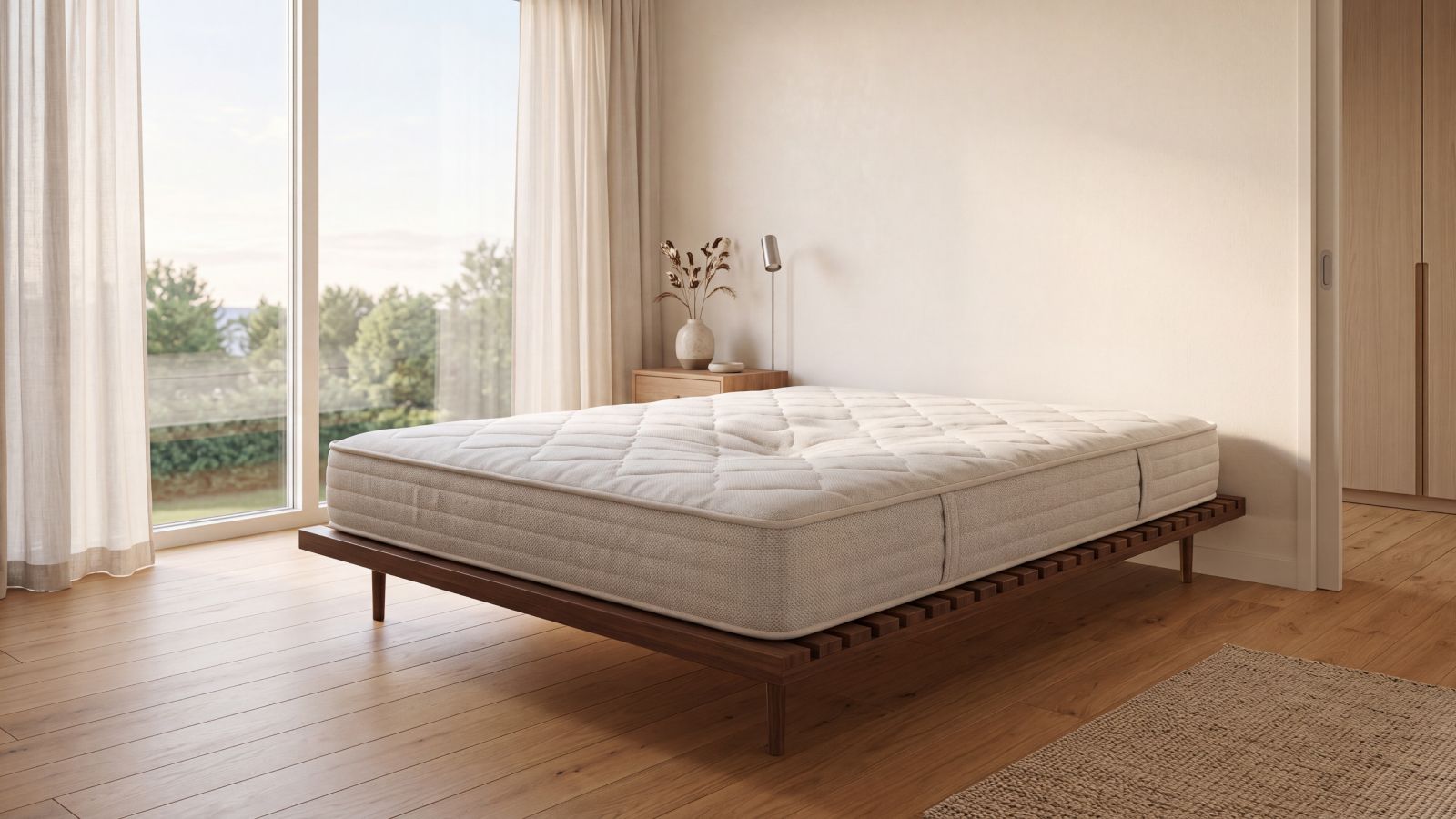 Dormitorio luminoso con la cama sin vestir y el colchón desnudo sobre un somier de láminas