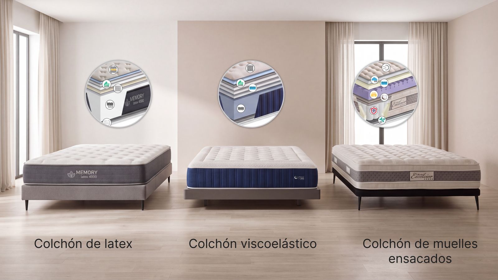 Comparativa de tres colchones: látex, viscoelástico y muelles ensacados, con detalle de sus capas interiores