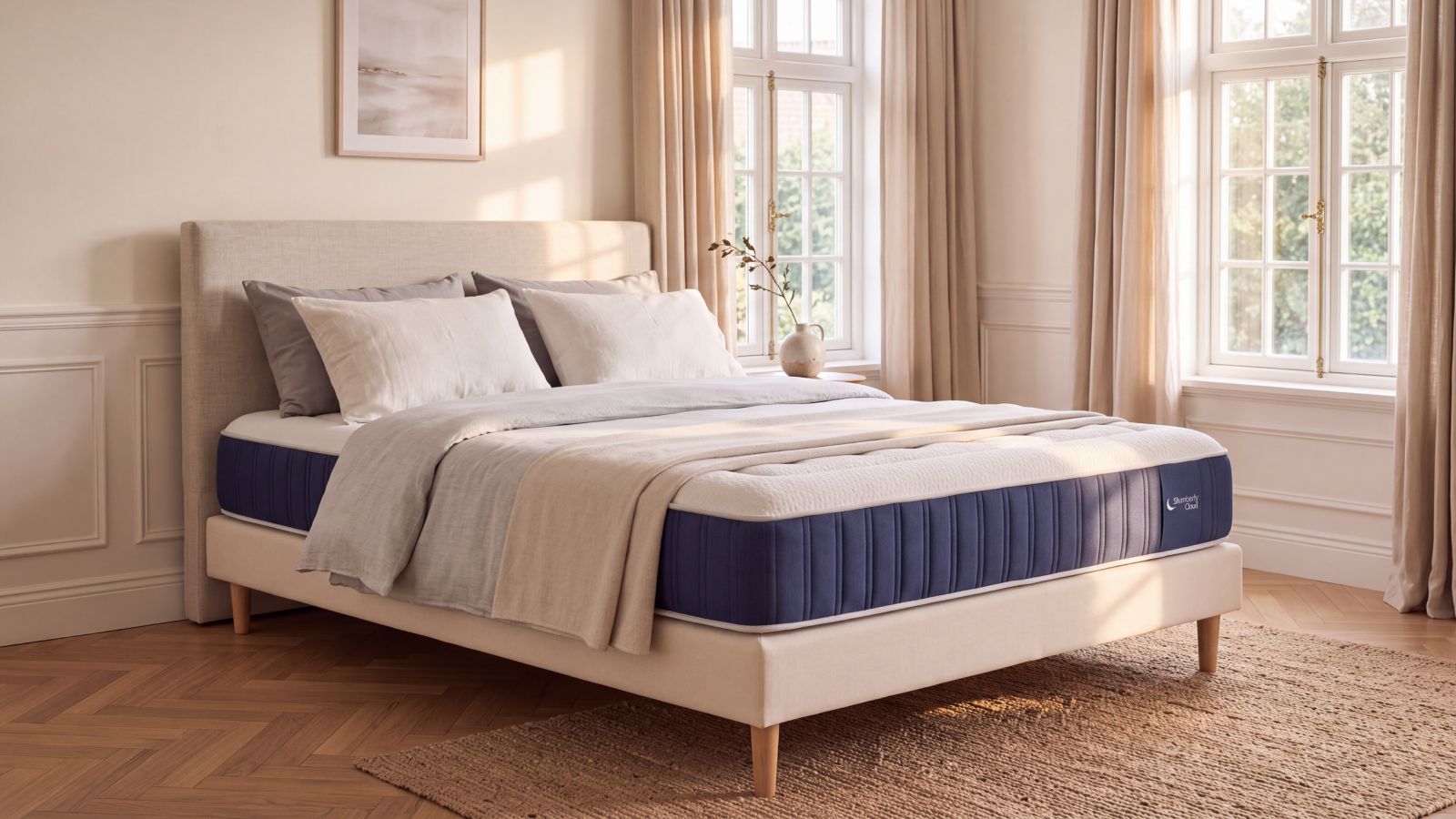 Dormitorio luminoso con la cama vestida y el colchón a la vista