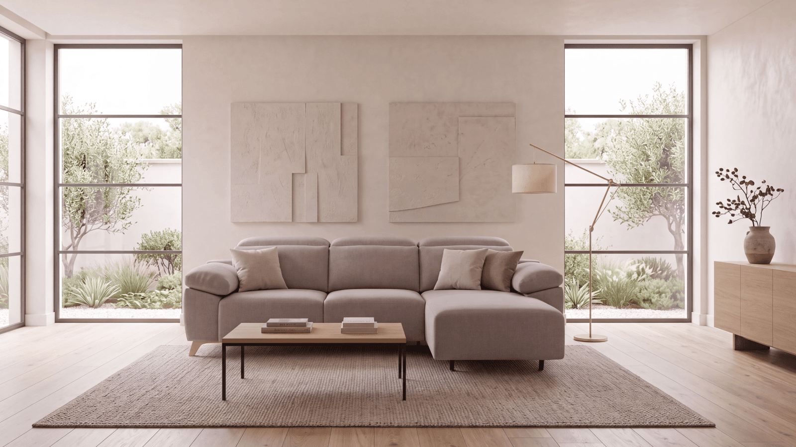 Salón alargado con sofá chaise longue junto a los ventanales