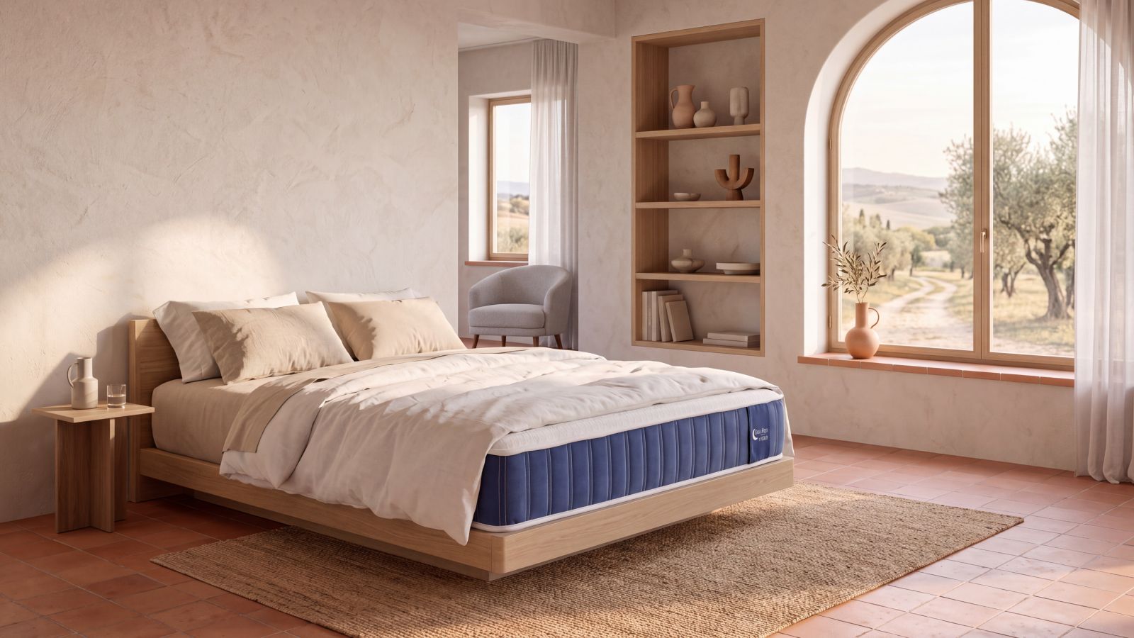 Dormitorio luminoso de estilo mediterráneo con la cama vestida en tonos neutros y el colchón a la vista
