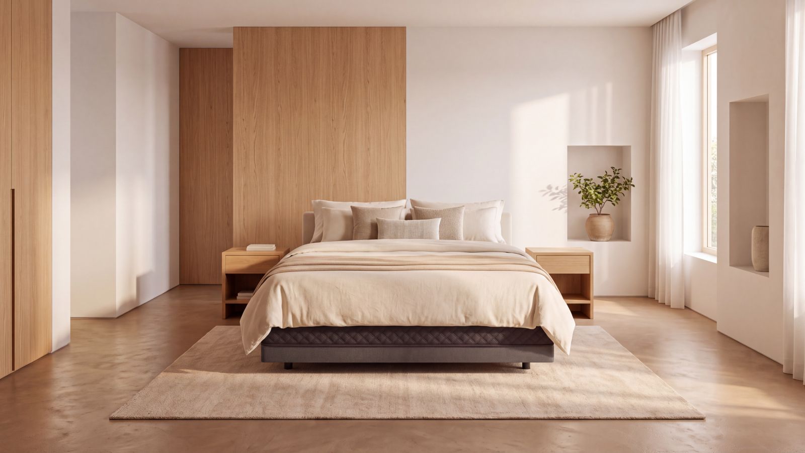 Dormitorio de matrimonio con cama amplia, mesillas a ambos lados y espacio de paso libre alrededor