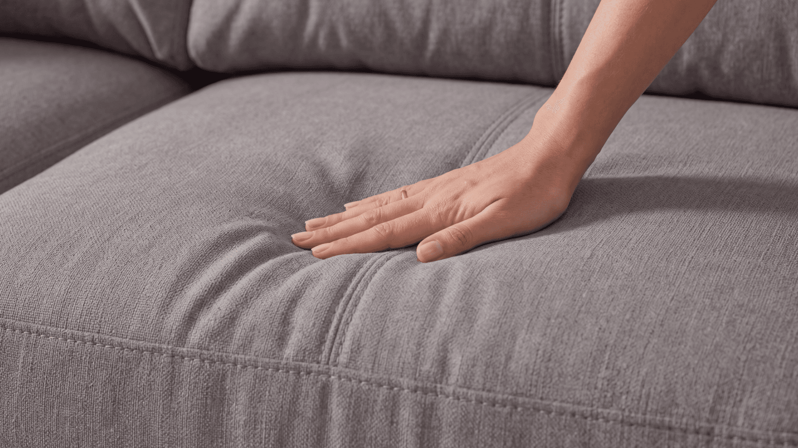 Mano presionando el asiento del sofá para comprobar la firmeza del relleno