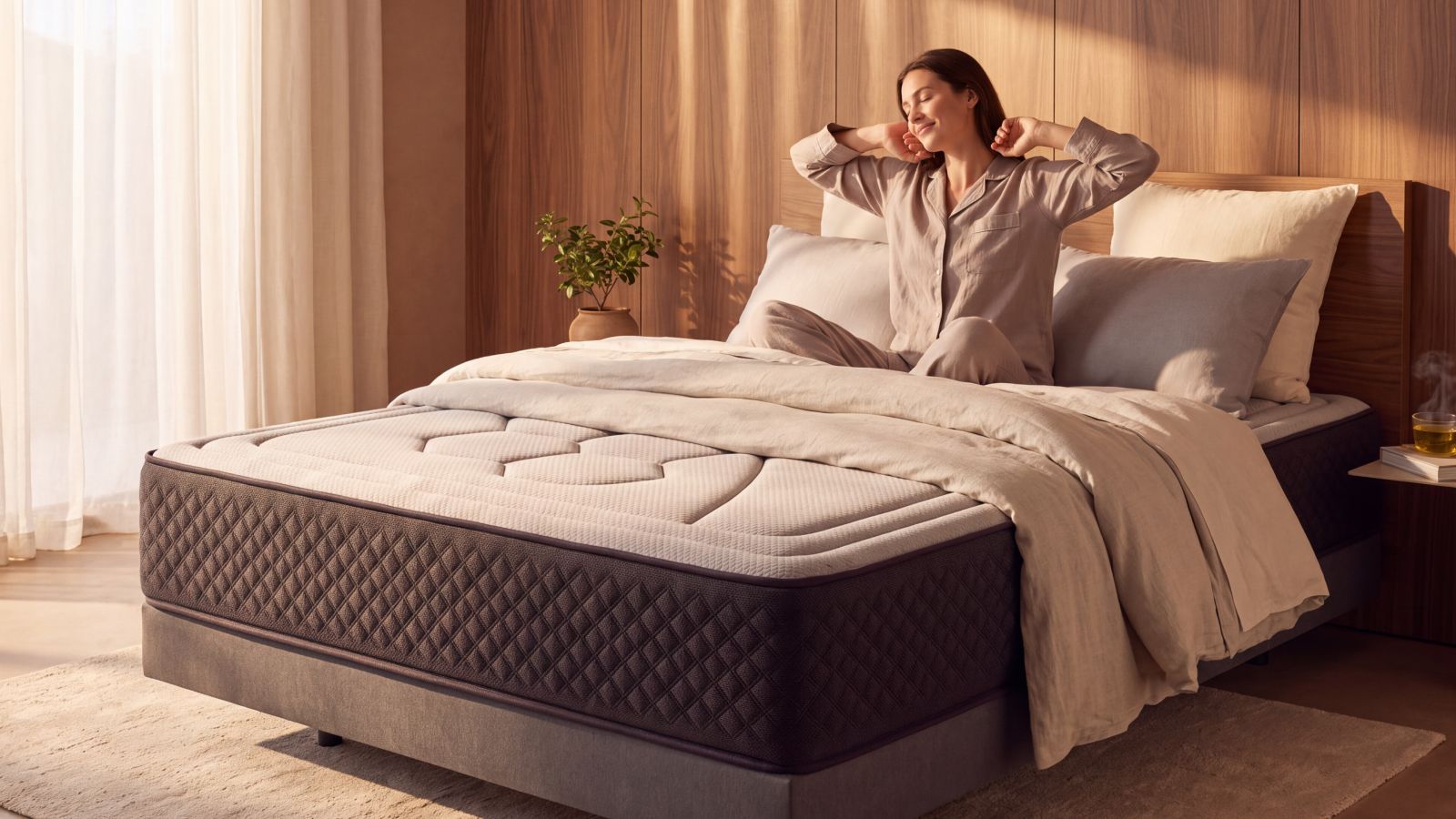 Mujer desperezándose al despertar en una cama con ropa de cama neutra