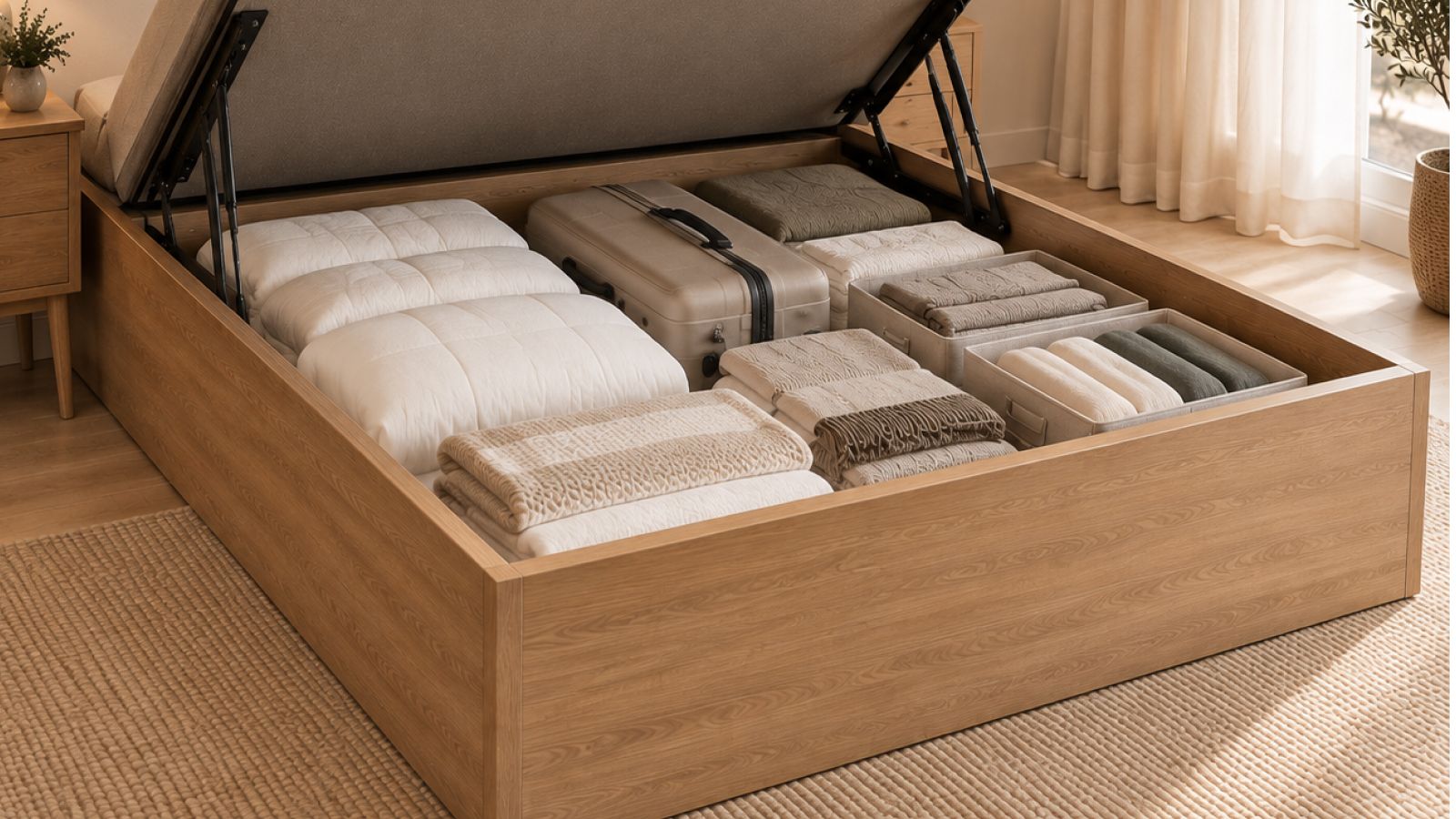 Arcón de canapé organizado con cajas de tela iguales y ropa colocada en vertical