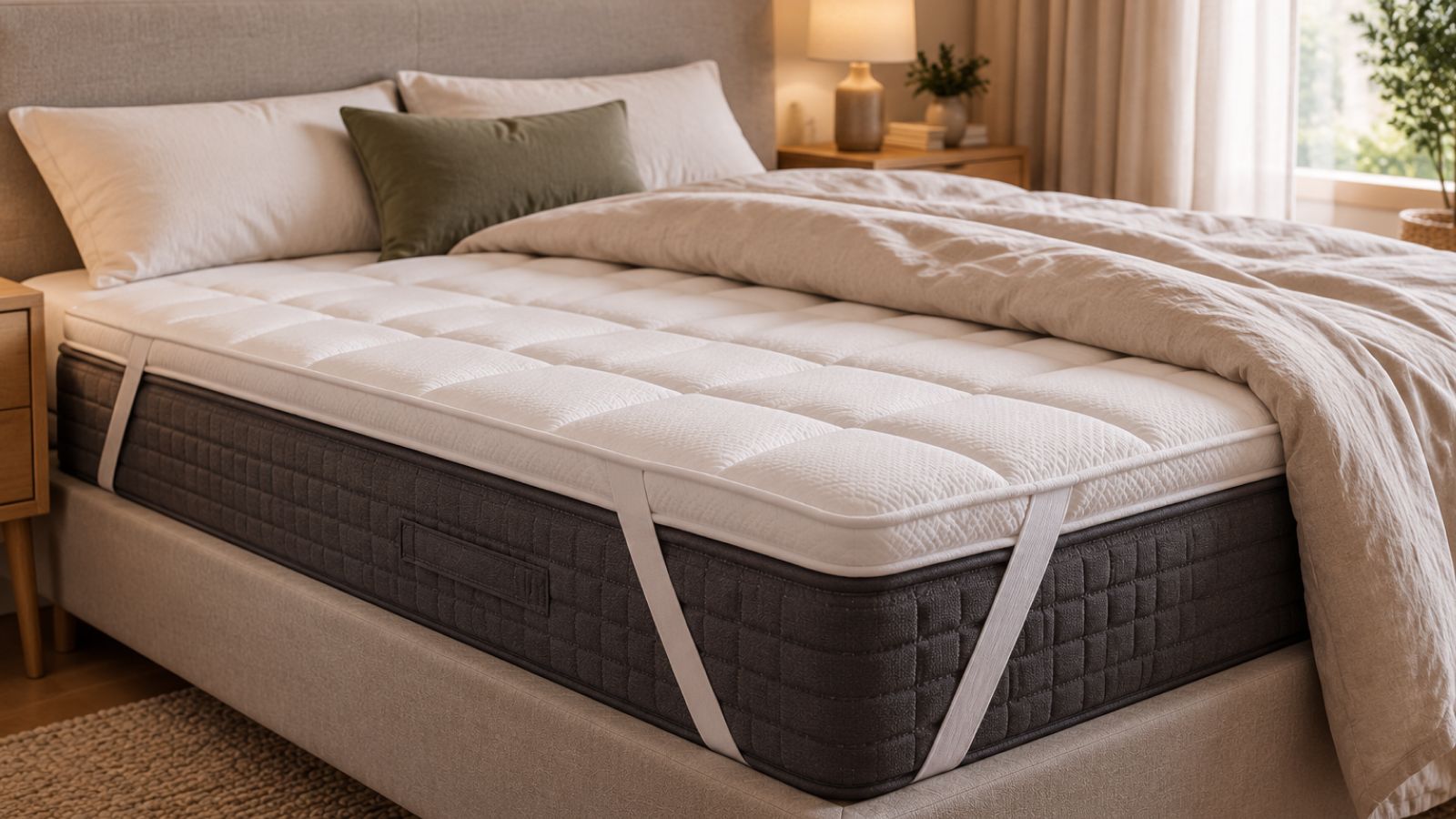 Topper acolchado sujeto con gomas elásticas sobre un colchón con la cama a medio vestir