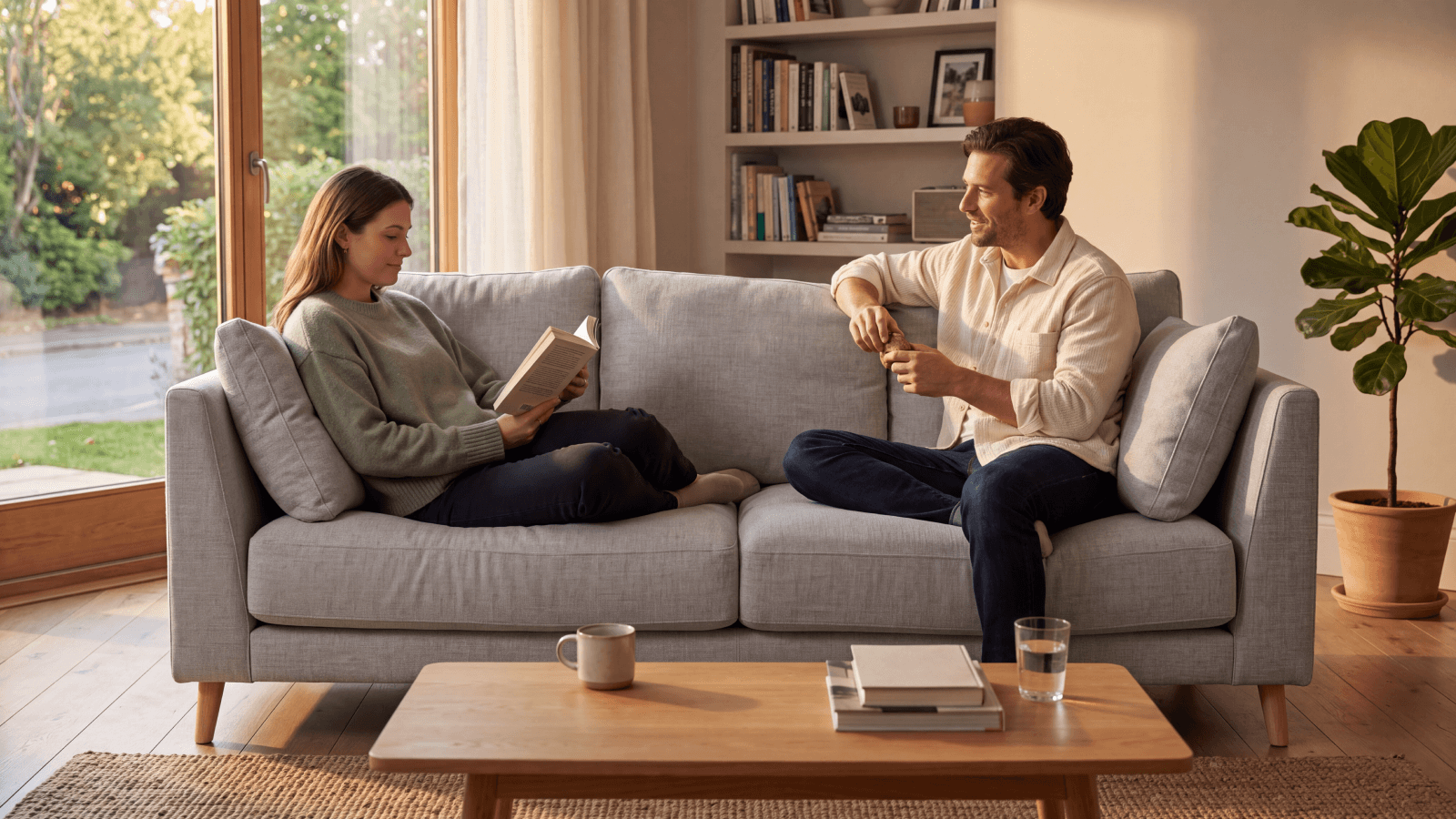 Dos personas usando el sofá con naturalidad en un salón luminoso