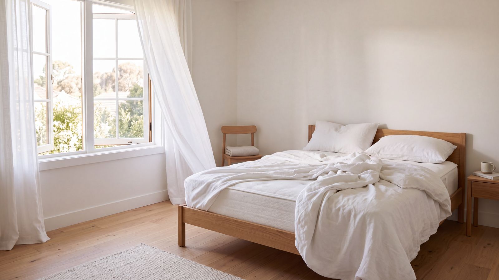 Dormitorio con la ventana abierta y la ropa de cama retirada dejando el colchón al aire