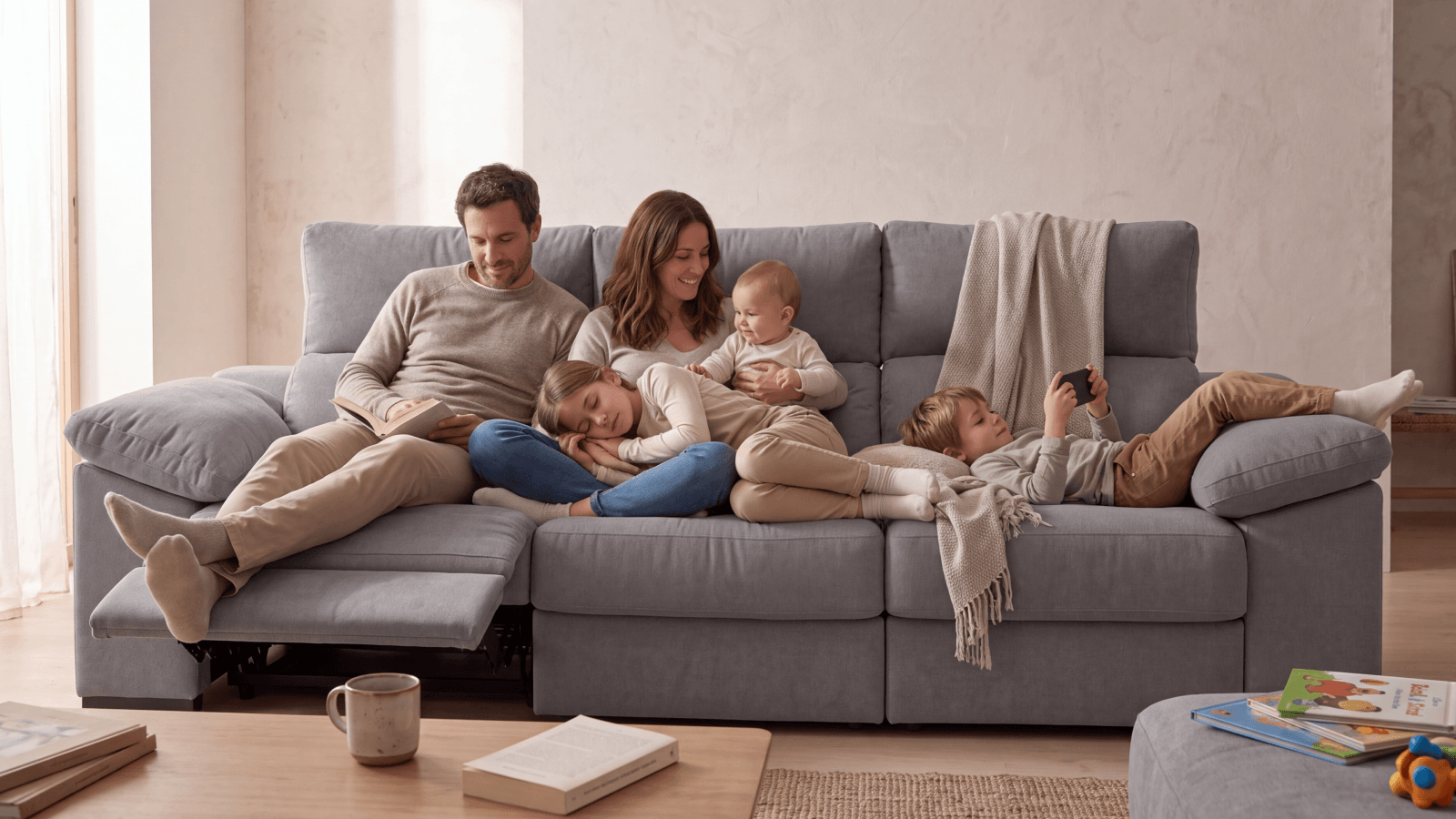 Familia ocupando el sofá con naturalidad en un día cualquiera