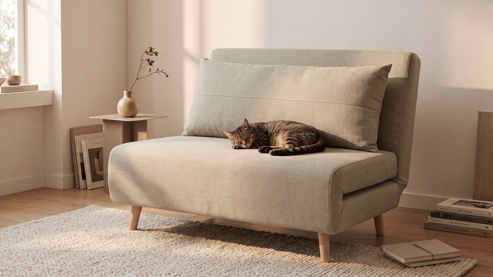 Gato descansando sobre un sofá en tono neutro con luz de tarde