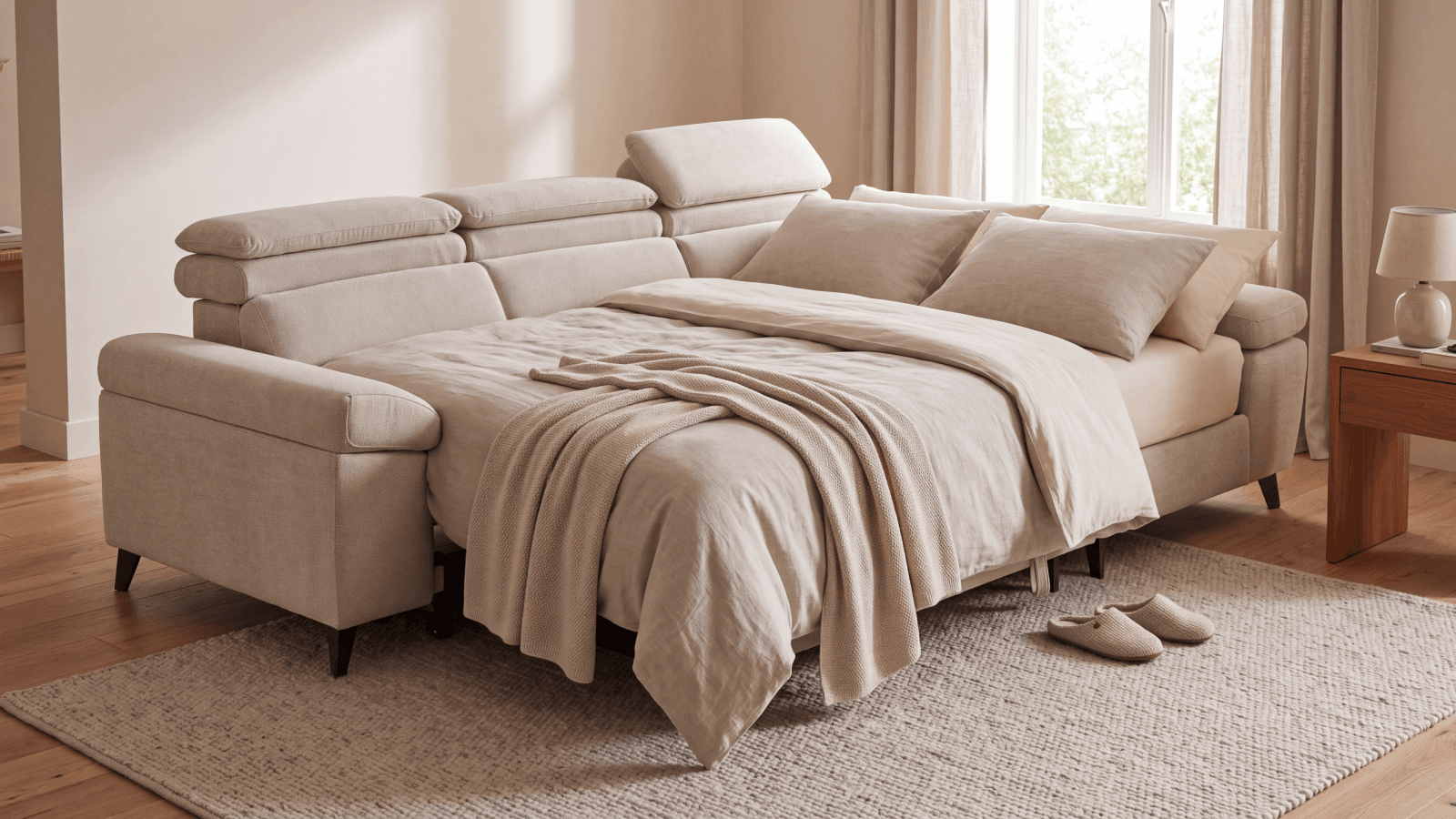 Sofá cama desplegado como habitación de invitados