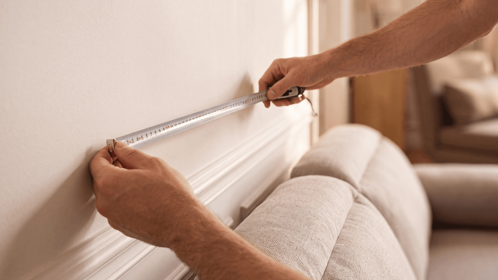 Manos midiendo con cinta métrica la pared donde irá el sofá