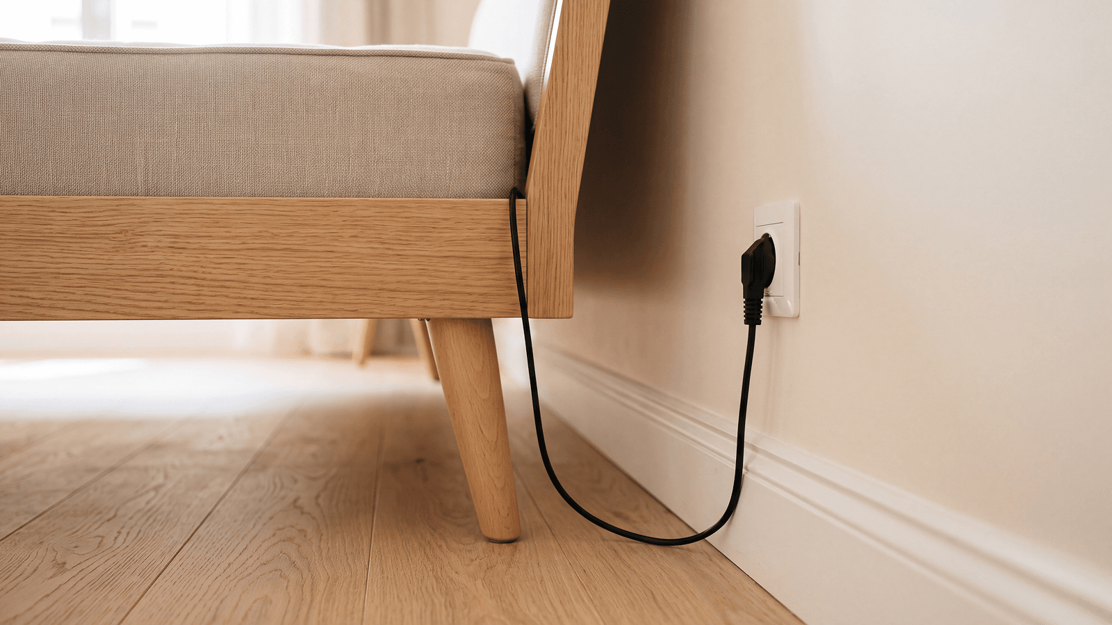 Detalle del cable de alimentación de un canapé eléctrico conectado a un enchufe junto al cabecero