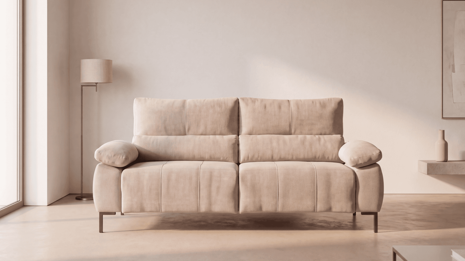 Salón compacto con sofá de dos plazas de patas altas y suelo visible por debajo