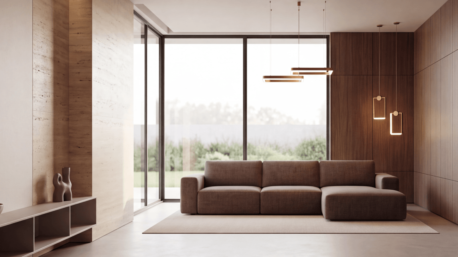 Salón alargado con chaise longue al fondo y la zona de paso despejada